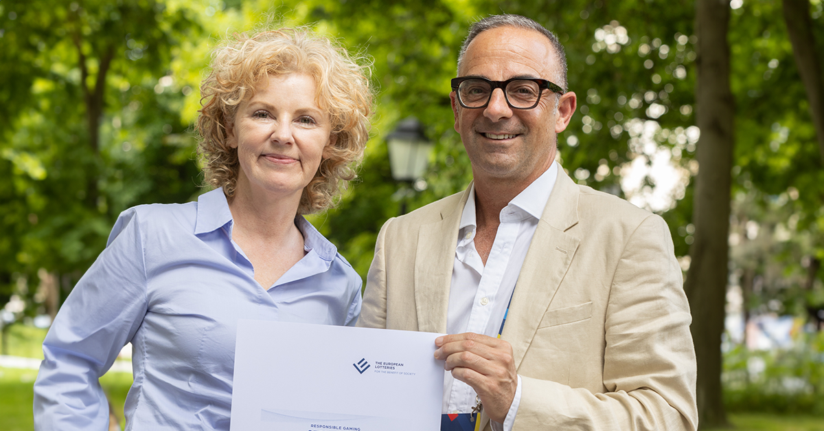 Photo: EL President Romana Girandon awarding Responsible gaming certification to Franco De Gabriele, Chief Commercial Officer of National Lottery.